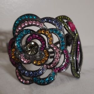 Large Hinged Bracelet Rhinestone Rose Multicolor